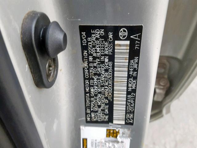 JTDKB20U653008448 - 2005 TOYOTA PRIUS SILVER photo 10