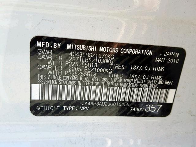 JA4AP3AU2JU010455 - 2018 MITSUBISHI OUTLANDER WHITE photo 10