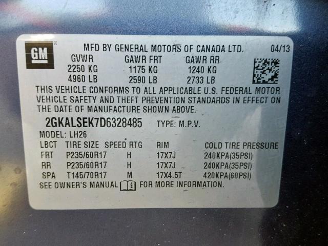 2GKALSEK7D6328485 - 2013 GMC TERRAIN SL BLUE photo 10