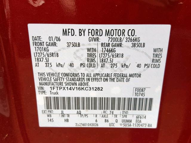 1FTPX14V16KC31282 - 2006 FORD F150 MAROON photo 10