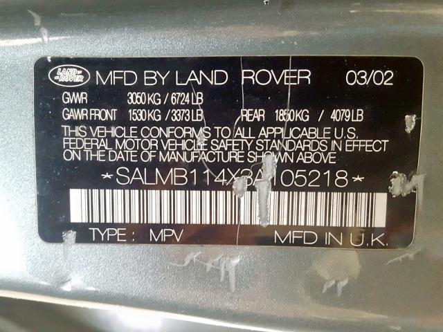 SALMB114X3A105218 - 2003 LAND ROVER RANGE ROVE 绿色 照片 10