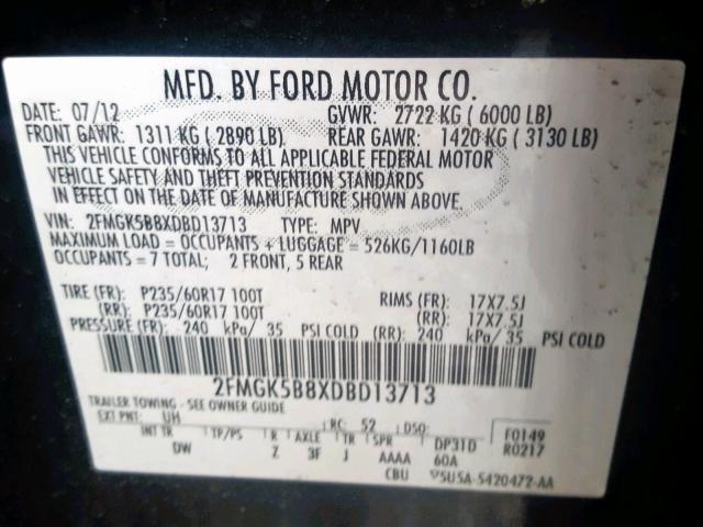 2FMGK5B8XDBD13713 - 2013 FORD FLEX SE BLACK photo 10