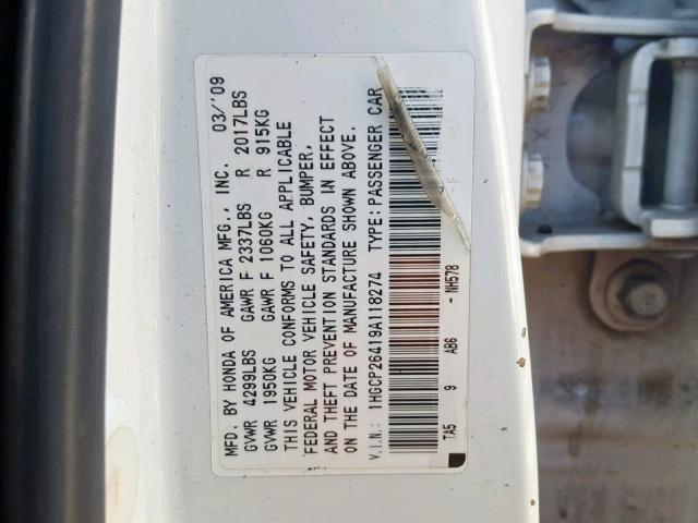 1HGCP26419A118274 - 2009 HONDA ACCORD LXP WHITE photo 10