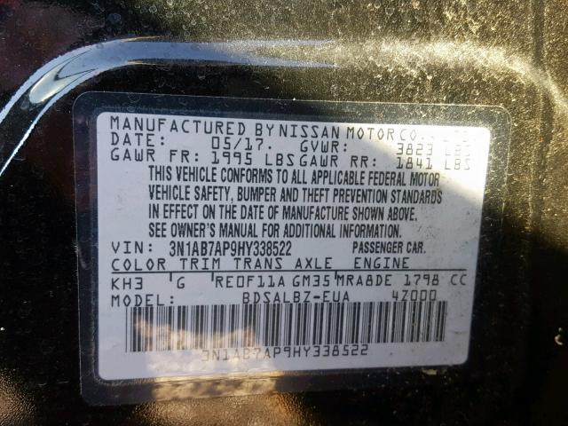 3N1AB7AP9HY338522 - 2017 NISSAN SENTRA S BLACK photo 10