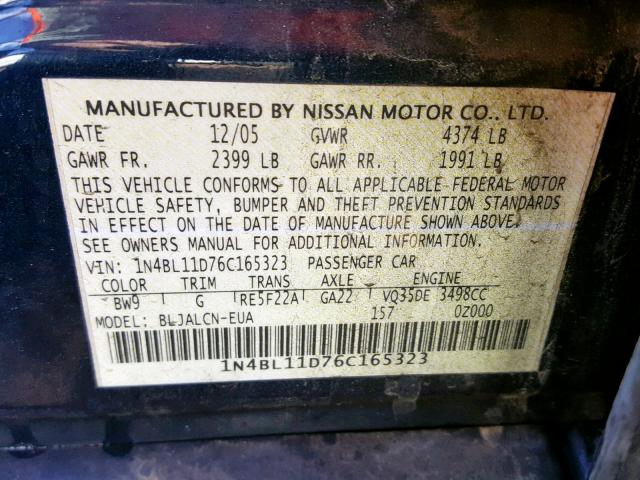 1N4BL11D76C165323 - 2006 NISSAN ALTIMA SE BLUE photo 10