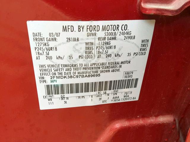 2FMDK38C97BA89695 - 2007 FORD EDGE SEL RED photo 10