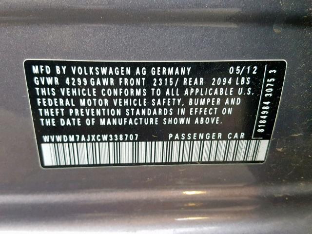 WVWDM7AJXCW338707 - 2012 VOLKSWAGEN GOLF 灰色 照片 10