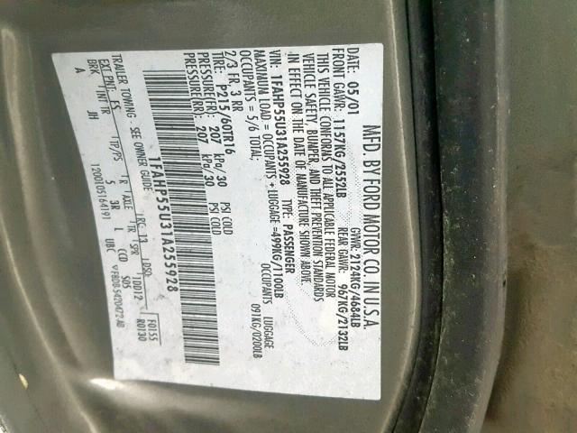 1FAHP55U31A255928 - 2001 FORD TAURUS SES GREEN photo 10