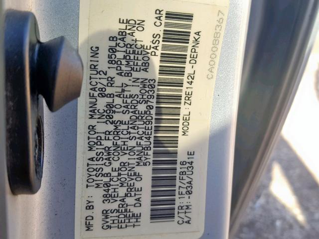 5YFBU4EE9DP079303 - 2013 TOYOTA COROLLA BA Gümüş foto 10