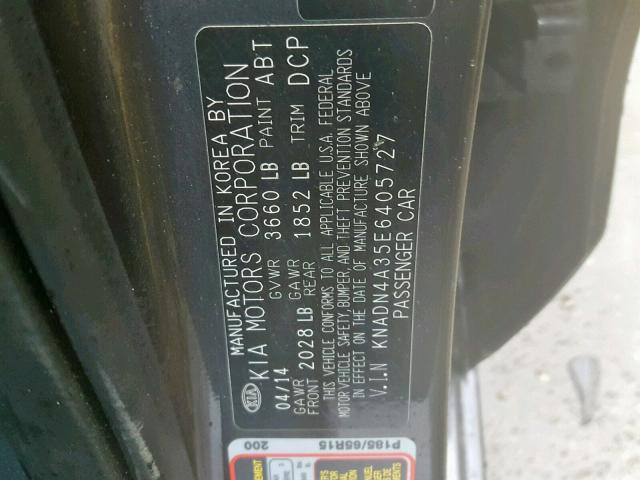 KNADN4A35E6405727 - 2014 KIA RIO EX GRAY photo 10