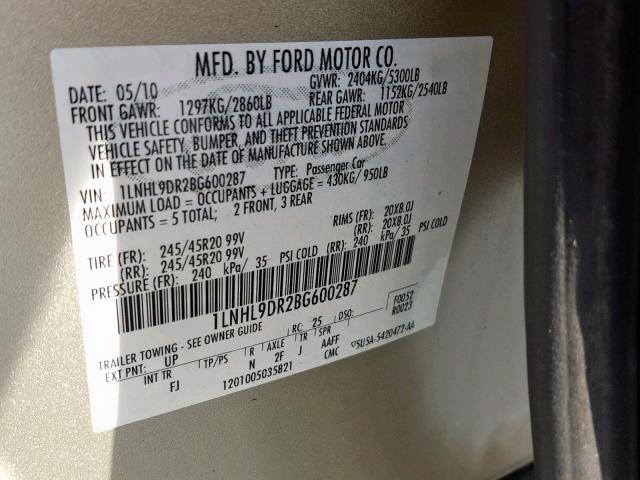 1LNHL9DR2BG600287 - 2011 LINCOLN MKS GOLD photo 10