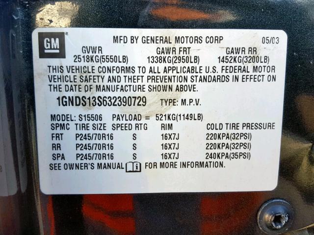 1GNDS13S632390729 - 2003 CHEVROLET TRAILBLAZE CHARCOAL photo 10