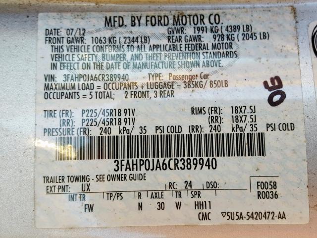 3FAHP0JA6CR389940 - 2012 FORD FUSION SEL 银色 照片 10