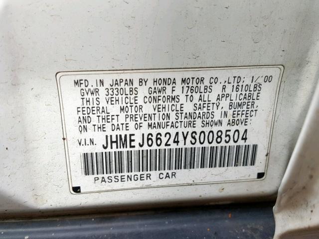 JHMEJ6624YS008504 - 2000 HONDA CIVIC DX WHITE photo 10