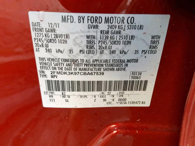 2FMDK3K97CBA67539 - 2012 FORD EDGE LIMIT RED photo 10