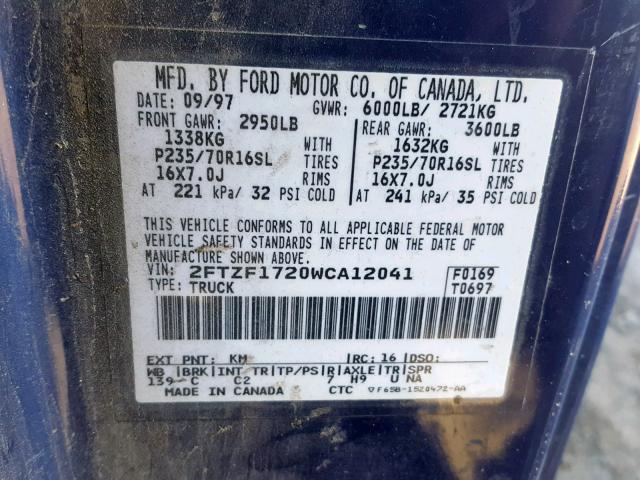 2FTZF1720WCA12041 - 1998 FORD F150 BLUE photo 10