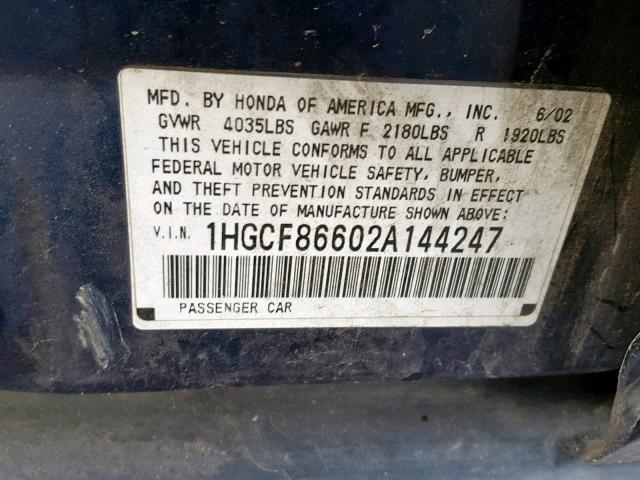 1HGCF86602A144247 - 2002 HONDA ACCORD VAL BLUE photo 10