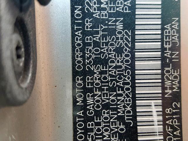 JTDKB20U657009222 - 2005 TOYOTA PRIUS SILVER photo 10