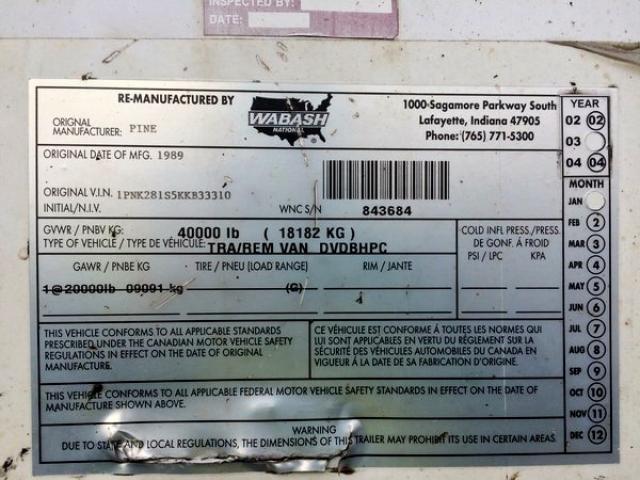 1PNK281S5KKB33310 - 1989 PINES TRAILER Naməlum - Inventar üçün uyğun deyil foto 10