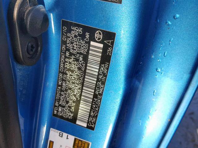 JTKDE3B76A0314647 - 2010 TOYOTA SCION TC ლურჯი ფოტო 10