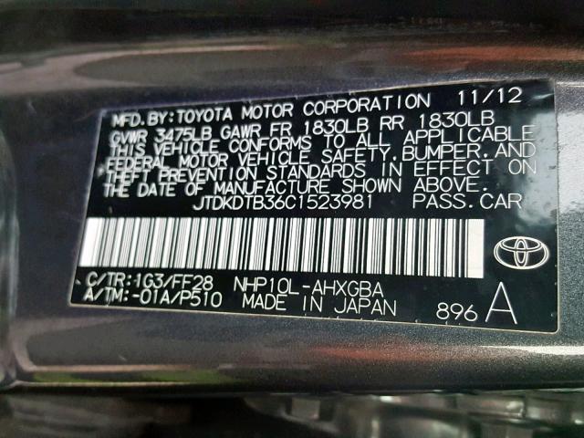 JTDKDTB36C1523981 - 2012 TOYOTA PRIUS C GRAY photo 10