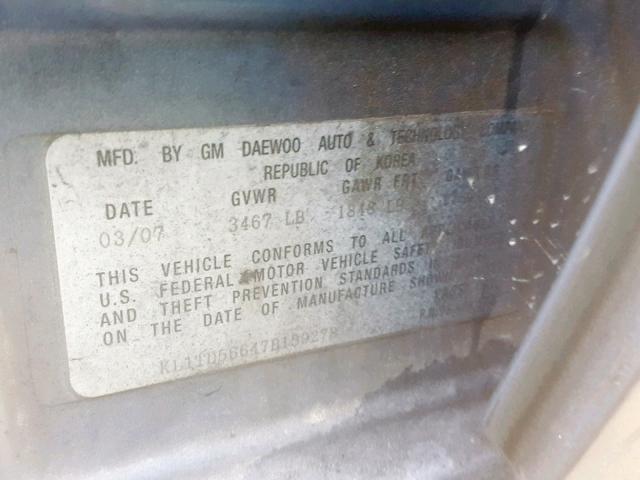 KL1TD56647B159278 - 2007 CHEVROLET AVEO BASE ლურჯი ფოტო 10