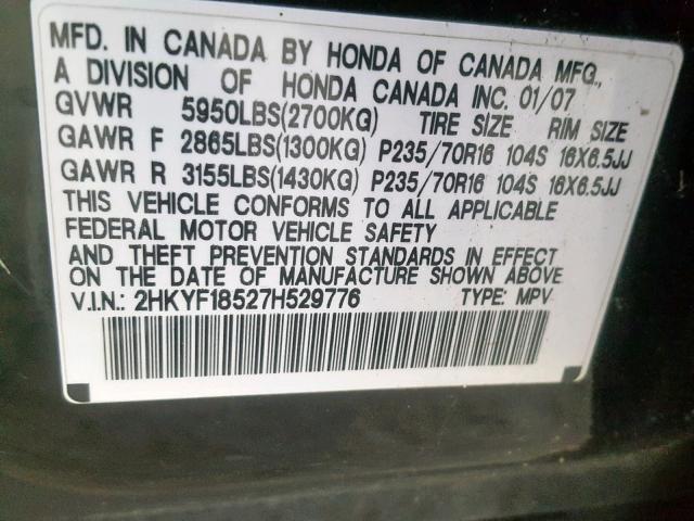 2HKYF18527H529776 - 2007 HONDA PILOT EXL BLACK photo 10