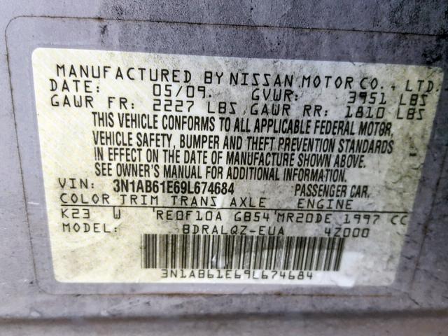 3N1AB61E69L674684 - 2009 NISSAN SENTRA 2.0 SILVER photo 10