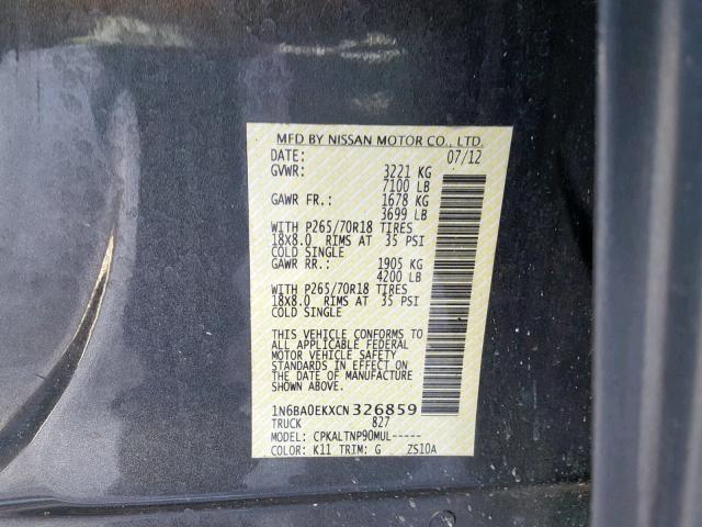 1N6BA0EKXCN326859 - 2012 NISSAN TITAN S GRAY photo 10