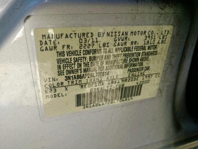 3N1AB6AP2BL706814 - 2011 NISSAN SENTRA 2.0 SILVER photo 10