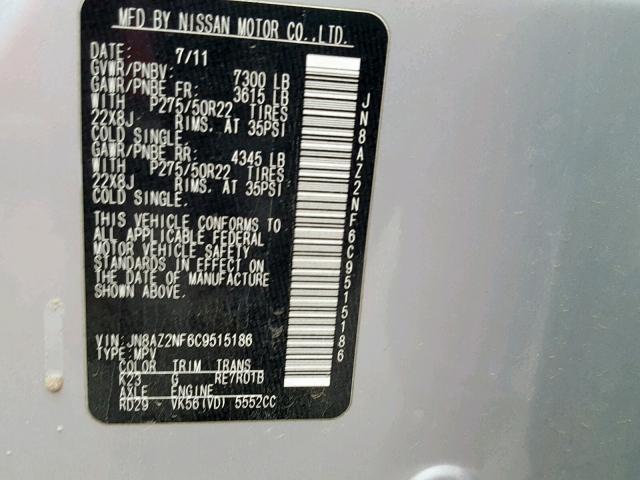 JN8AZ2NF6C9515186 - 2012 INFINITI QX56 SILVER photo 10