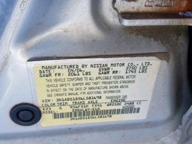 3N1AB51D56L581698 - 2006 NISSAN SENTRA SE- SILVER photo 10