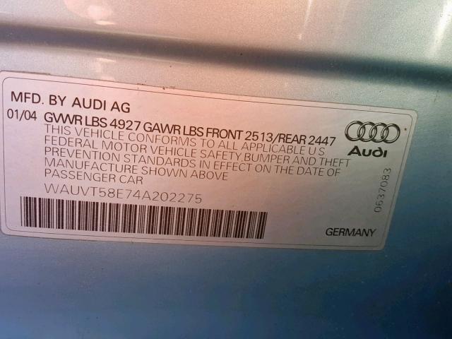 WAUVT58E74A202275 - 2004 AUDI A4 3.0 AVA BLUE photo 10