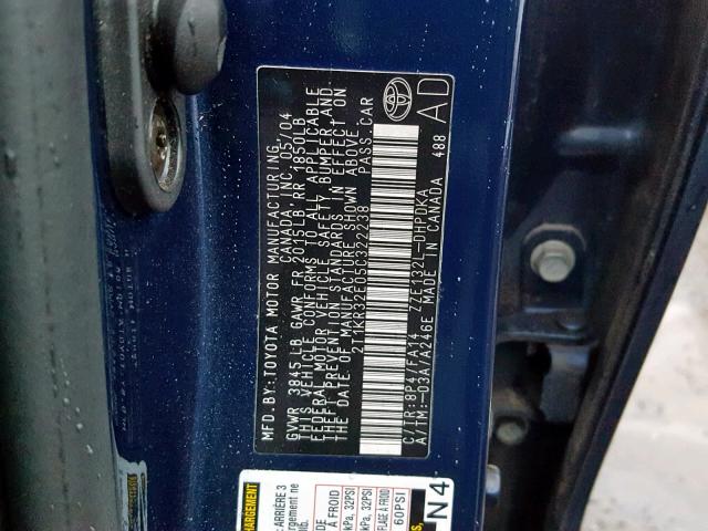 2T1KR32E05C322238 - 2005 TOYOTA MATRIX BLUE photo 10