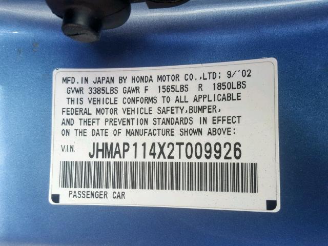 JHMAP114X2T009926 - 2002 HONDA S2000 BLUE photo 10