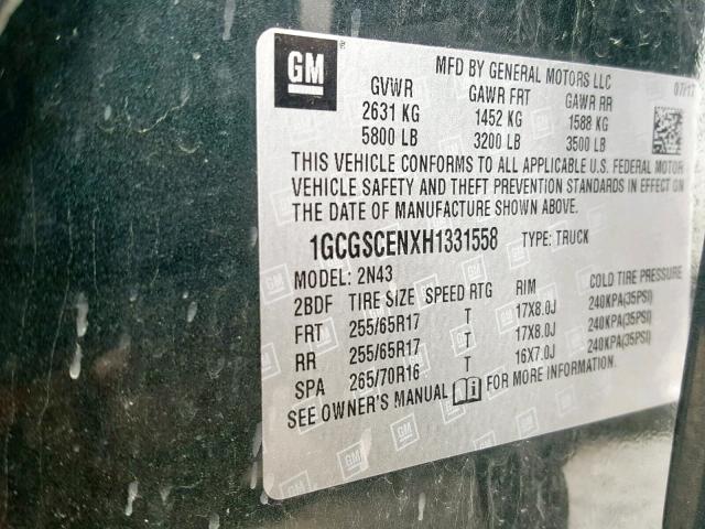 1GCGSCENXH1331558 - 2017 CHEVROLET COLORADO L GREEN photo 10