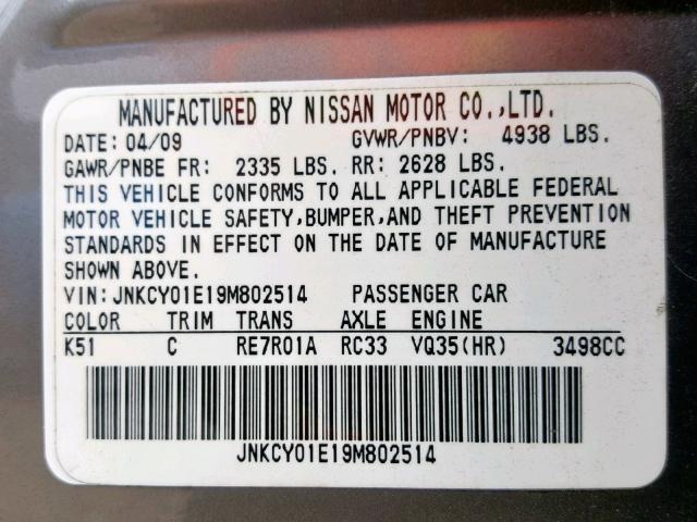 JNKCY01E19M802514 - 2009 INFINITI M35 BASE GRAY photo 10