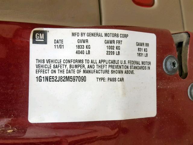 1G1NE52J82M597090 - 2002 CHEVROLET MALIBU LS 栗色 照片 10