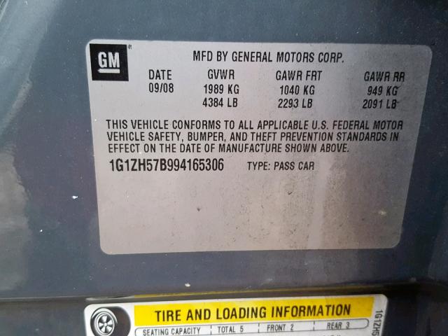 1G1ZH57B994165306 - 2009 CHEVROLET MALIBU 1LT GRAY photo 10