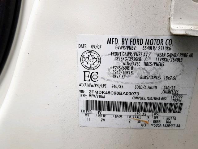 2FMDK48C98BA00070 - 2008 FORD EDGE SEL WHITE photo 10