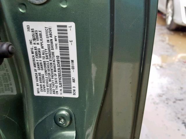 5J6YH28533L034910 - 2003 HONDA ELEMENT EX GREEN photo 10