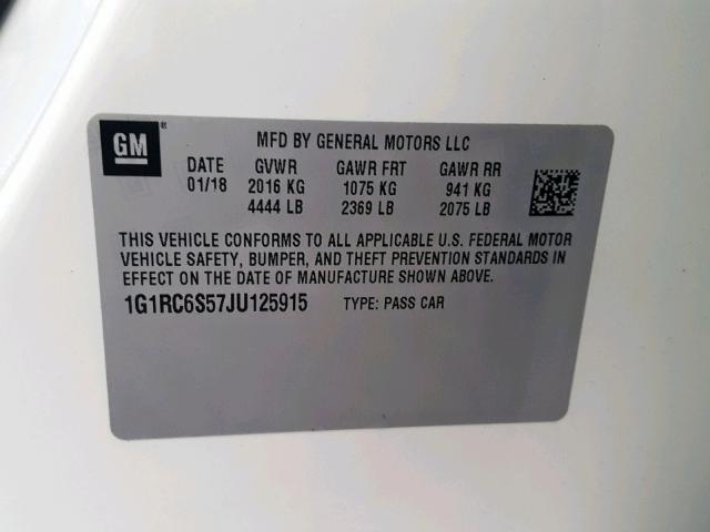 1G1RC6S57JU125915 - 2018 CHEVROLET VOLT LT WHITE photo 10