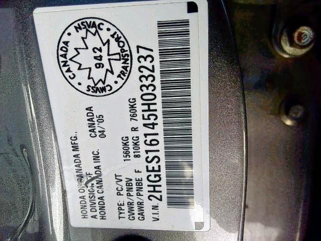 2HGES16145H033237 - 2005 HONDA CIVIC DX GRAY photo 9