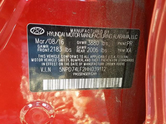 5NPD74LF2HH039112 - 2017 HYUNDAI ELANTRA SE RED photo 10
