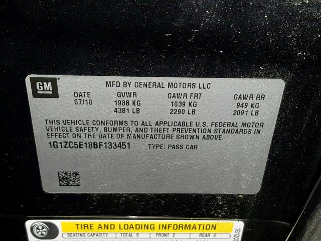 1G1ZC5E18BF133451 - 2011 CHEVROLET MALIBU 1LT 石墨色 照片 10