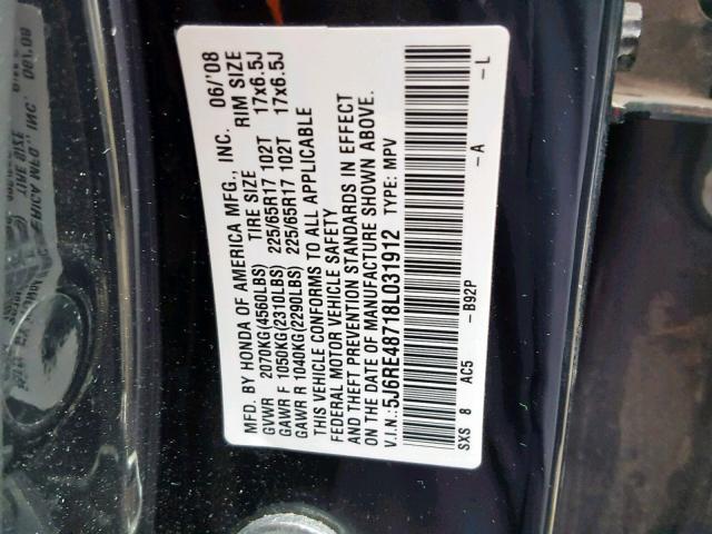 5J6RE48718L031912 - 2008 HONDA CR-V EXL BLACK photo 10