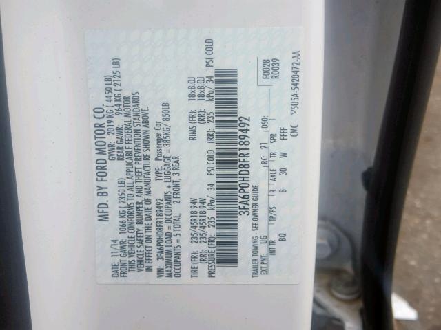 3FA6P0HD8FR189492 - 2015 FORD FUSION SE WHITE photo 10