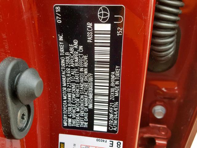 NMTKHMBX0KR070079 - 2019 TOYOTA C-HR XLE RED photo 10