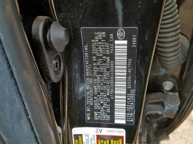 4T1BK3DBXBU406889 - 2011 TOYOTA AVALON BAS BLACK photo 10