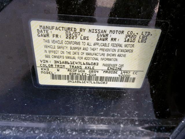 3N1AB61E47L656083 - 2007 NISSAN SENTRA 2.0 BLACK photo 10